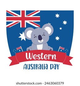 Anuncio del Día de Australia Occidental. Bandera de Vector de Australia y afiche de koala. Afiche de Australia Occidental, primer lunes de junio. Día festivo en Australia Occidental