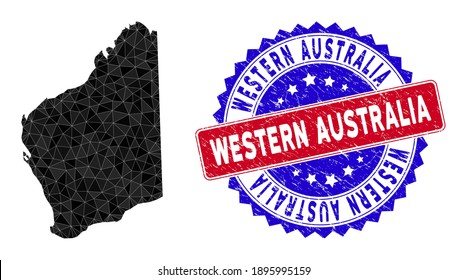 Westaustralien kartiert polygonales Netz mit gefüllten Dreiecken und gekratzte Bicolor-Stempelrobbe. Dreieck Mosaik Westaustralien Karte mit Maschenvektormodell, Dreiecke haben randomisierte Größen,