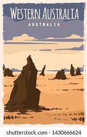 Western Australia retro poster travel illustration. States of Australia greeting card. Nambung national Park.