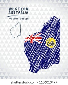 Western Australia vector map with flag inside isolated on a white background. Sketch chalk hand drawn illustration