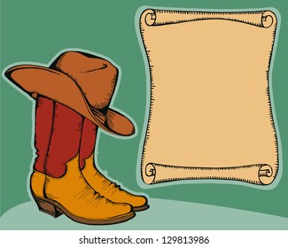 western background with cowboy boots and hat.Vector color illustration for text