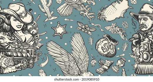 Western Background. Cowboy Girl, Digger, Eagle, Train And USA Map. Wild West Seamless Pattern. American History Art. Old School Tattoo Style 