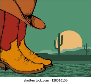 western background with cowboy shoes and desert landscape for design