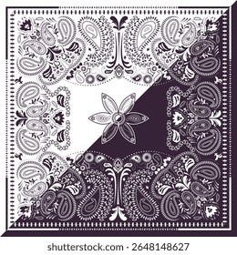 Bandana occidental avec motif cachemire. Imprimé bandanna rétro dans des tons violets, avec des ornements ethniques et des tourbillons abstraits.