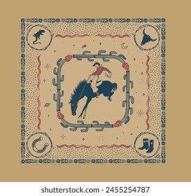 diseño de Vector de bandana de bandidos occidentales, diseño de patrón de desierto de vaqueros, obra de arte de country boy americano para camiseta, etiqueta engomada, impresión gráfica, vintage occidental