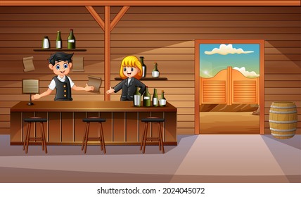 Interior de bar occidental con barman detrás de contrailustración