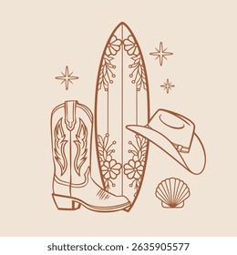 Western Beach Line Art with Surfboard Hat and Boot Illustration