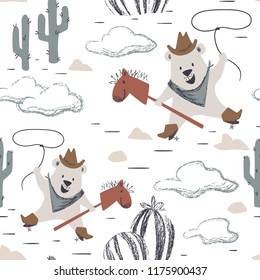 Western bear baby ride horse seamless pattern. Wild west animal with hat, boot, lasso. Scandinavian cute print. Cool illustration for nursery t-shirt, kids apparel, cover, child background design