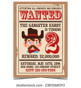 Western birthday party invitation for kids have fun as a cowboy or cowgirl to catch a wanted bandit. Boy gangster cartoon portrait in wild west and Texas style. Vector illustration.