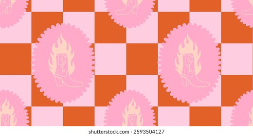 Western Boho Coquette Groovy Seamless Pattern. Cowboy background. Wild West motifs repeat texture with boots. Southern Vector illustration in retro style	