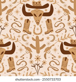 Modelo inconsútil boho occidental del vaquero en marrón y bronceado en el fondo beige claro que presenta la cabeza de vaca, la bota del vaquero, el sombrero, la herradura, la serpiente y el arma. Para el Fondo de pantalla, la decoración del hogar y la tela
