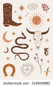 Western boho cowgirl set blogger vector stickers pack wild west