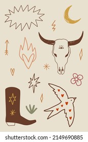 Western boho cowgirl set blogger vector stickers pack wild west