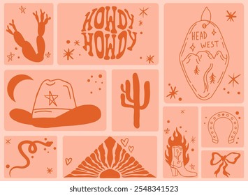 Western Boho Groovy Seamless Pattern. Cowboy background. Wild West motifs repeat texture with cacti, mountains. Southern Vector illustration in retro style	