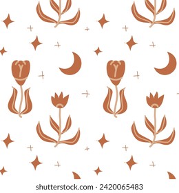 patrón boho occidental con flor y luna. Ilustración vectorial del diseño místico. 