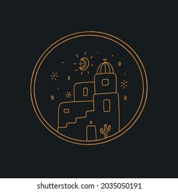 Western boho scene of old or ancient houses inside the round frame. Bohemian night print. Modern line illustration. Vector. 