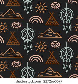 Western Boho Seamless Pattern. Cowboy background. Wild West Native American motifs repeat texture with wigwam, mountains, dream catcher. Southern Vector illustration in retro style