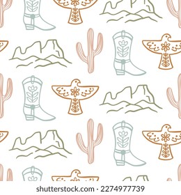 Western Boho Seamless Pattern. Cowboy background. Wild West motifs repeat texture with cacti, eagles, mountains. Southern Vector illustration in retro style