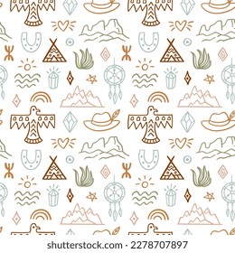 Western Boho Nahtlose Muster. Cowboyhintergrund. Wilde westindische Motive wiederholen Textur mit Bergen, Traumfänger. Südliche Vektorgrafik im Retrostil