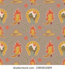 Western Boho Seamless Pattern. Cowboy background. Wild West motifs repeat texture with cacti, mountains. Southern Vector illustration in retro style