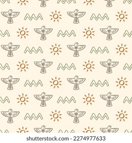 Western Boho Seamless Pattern. Minimal background. Wild West Native American motifs repeat texture with eagles, aztec symbols. Southern Vector illustration in retro style