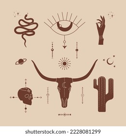 Western boho set vector stickers pack wild west, isolated