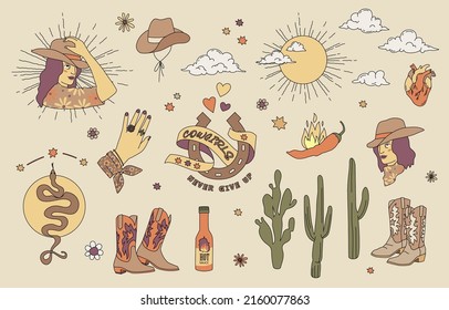 Western boho vector set. Editable stroke. Vintage looking modern illustrations isolated on grey backdrop. Cowboy boots and cowgirl portraits with cactuses. Cowgirl aesthetic.