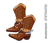 Western boots with leather texture, engraved patterns, metal buckle and spur, traditional cowboy footwear, American western style, travel USA theme, cartoon vector illustration