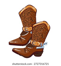 Westliche Stiefel mit Lederstruktur, eingravierte Muster, Metallschnalle und Sporn, traditionelle Cowboyschuhe, amerikanischer Westernstil, Reise USA Thema, Cartoon Vektorgrafik