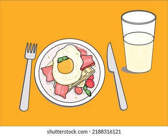 western breafast set with egg, becon, vegtable and milk