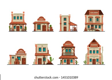 Western buildings. Wild west architectural constructions saloon vector collection. Western building saloon and bank, hotel and post illustration