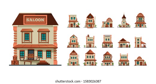 Western buildings. Wildlife west construction saloon country market banks american old houses vector flat style pictures