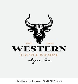 Western Bull Cow Buffalo Longhorn Logo Design.silhouette bull for Ranch Farm Livestock logo design