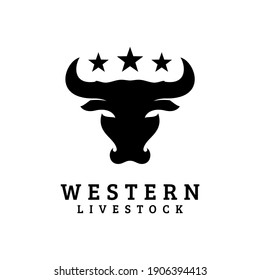 Western Bull Cow Cattle Buffalo Head Silhouette Livestock with Stars Logo Design Vector