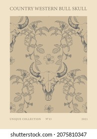 Western Bull Skull Print with Rose Flowers