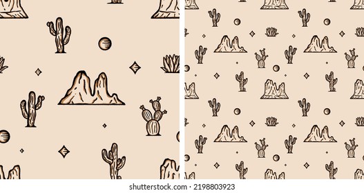 Western Cactus Mountains Vector Seamless Pattern Illustration Desert Arizona Cowboy