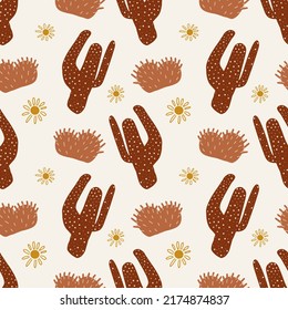 Western cactus summer seamless pattern. Tropical exotic cacti endless background. Boho desert plants and sun backdrop. Vector illustration for fabric print, wallpaper, cover