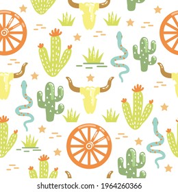 Western cactuses desert seamless pattern illustration. Wild West desert with cow skull, wheel and cactuses and snakes. Vector baby tender style color background