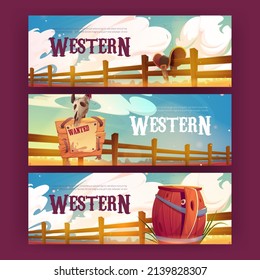 Western cartoon banners. Wanted sign with animal skull, horse saddle hang on ranch wooden fence and eye look from within wood barrel at wild west desert landscape background, Vector illustration