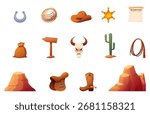 Western cartoon elements. Wild west isolated accessories, sheriff gold star, cowboy boot and hat. Desert plant, cactus, mountains and horseshoe sapid vector set