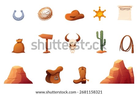 Western cartoon elements. Wild west isolated accessories, sheriff gold star, cowboy boot and hat. Desert plant, cactus, mountains and horseshoe sapid vector set