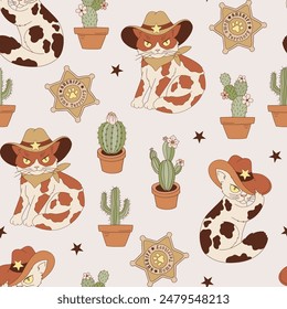 Western Cat Cowboy Home Territory Sheriff vector seamless pattern. Howdy Cat background. 