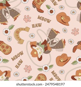 Western Cat Cowboy Rodeo vector seamless pattern. Howdy Cat background. 