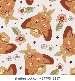 Western Cat Cowboy Sheriff vector seamless pattern. Howdy Cat background. 