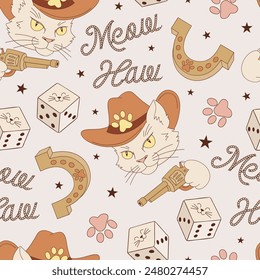 Western Cat Cowboy Sheriff vector seamless pattern. Howdy Cat background. 