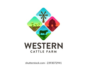 Western Cattle Angus Livestock Farm logo. Angus, barn, cornfield and windmill. Vector illustration