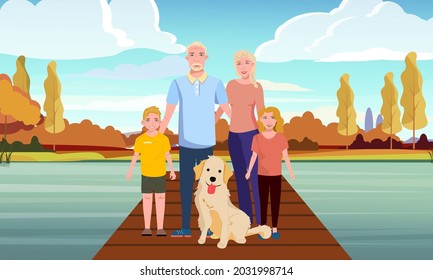 Western Caucasian family white mother father children portrait in autumn scenery at the dock lake