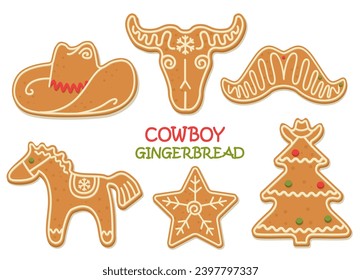 Galletas de galletas de jengibre de Navidad occidental, ilustraciones vectoriales de clipart aisladas en blanco. Cowboy Christmas gingerbread cowboy Howdy Western Xmas horneó galletas.