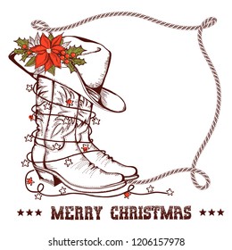 Western Christmas greeting card with cowboy traditional boots and lasso frame for text isolated on white