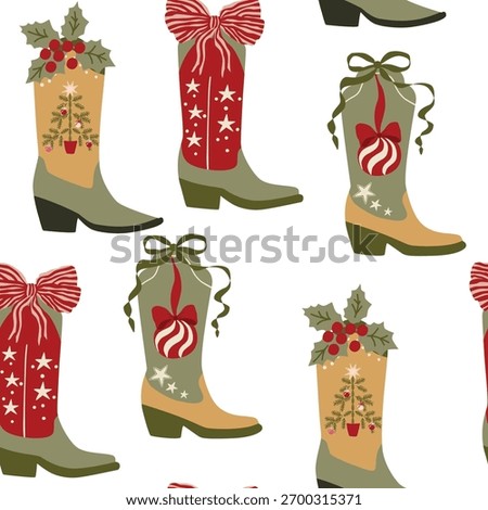 Western Christmas seamless pattern with cowboy boots and winter holiday decoration. Hand drawn New season wild west repeat background, wrap paper, textile design, print. Vector illustration.